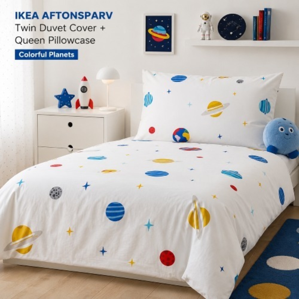 IKEA AFTONSPARV Twin Space Duvet Cover + Queen Pillowcase – Colorful Planets